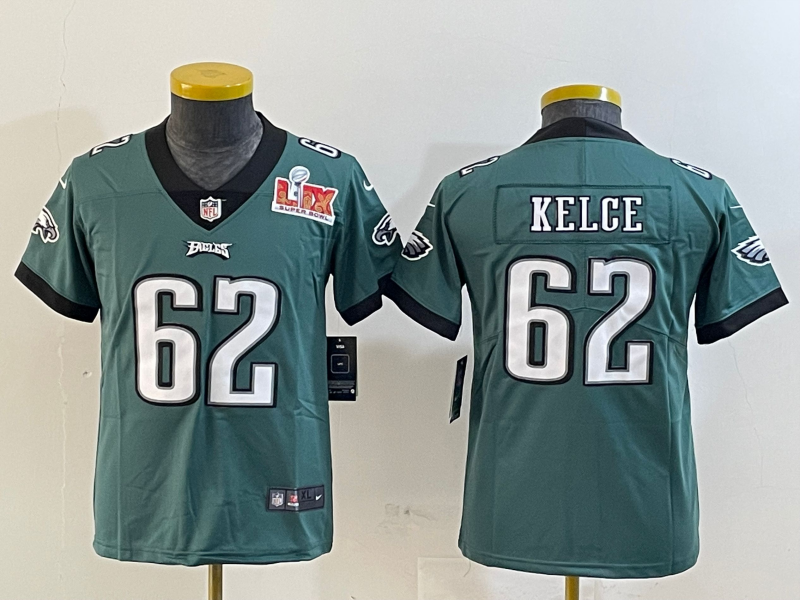 Youth 2025 Philadelphia Eagles 62 Kelce green Nike NFL jersey style #3 ->youth nfl jersey->Youth Jersey
